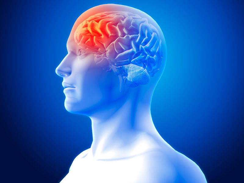 A imagem mostra o rosto e o busto de um homem, em 3D, de perfil. É possível ver o seu cérebro no interior do crânio, que está destacado em vermelho. O restante da imagem possui tons azuis. O fundo da imagem também é uma cor sólida de azul. A imagem simboliza uma pessoa com epilepsia. 